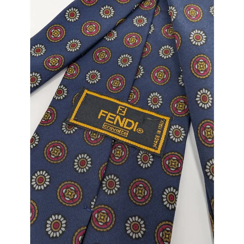 Fendi Cravette 100% Silk Novelty Italian Neck Tie Blue Multi Classic Formal Work